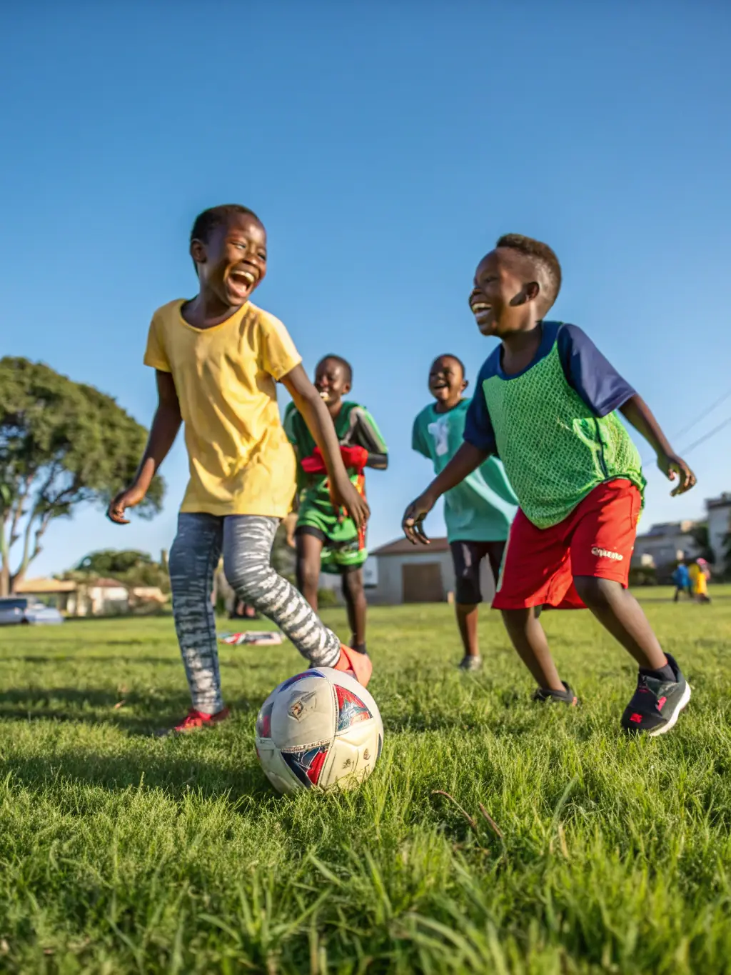 A diverse group of children celebrating a victory after a football match, highlighting inclusivity and teamwork.