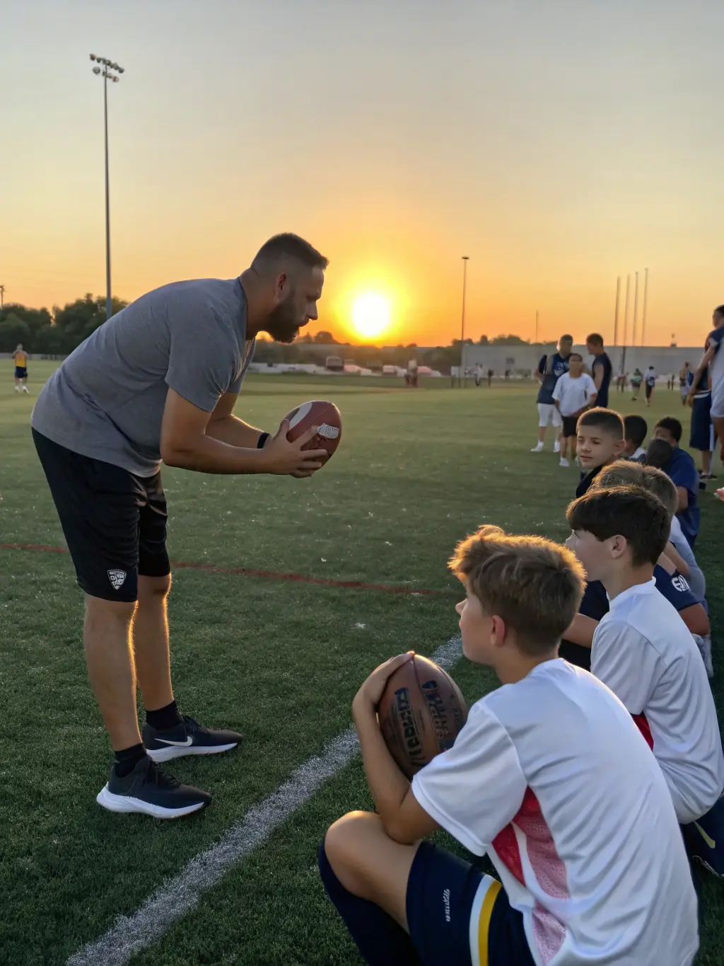 A coach from ASC ASSOC SPORTIVE DE CHAMPS SECTION FOOT is demonstrating a football technique to a young player, emphasizing proper form and safety.