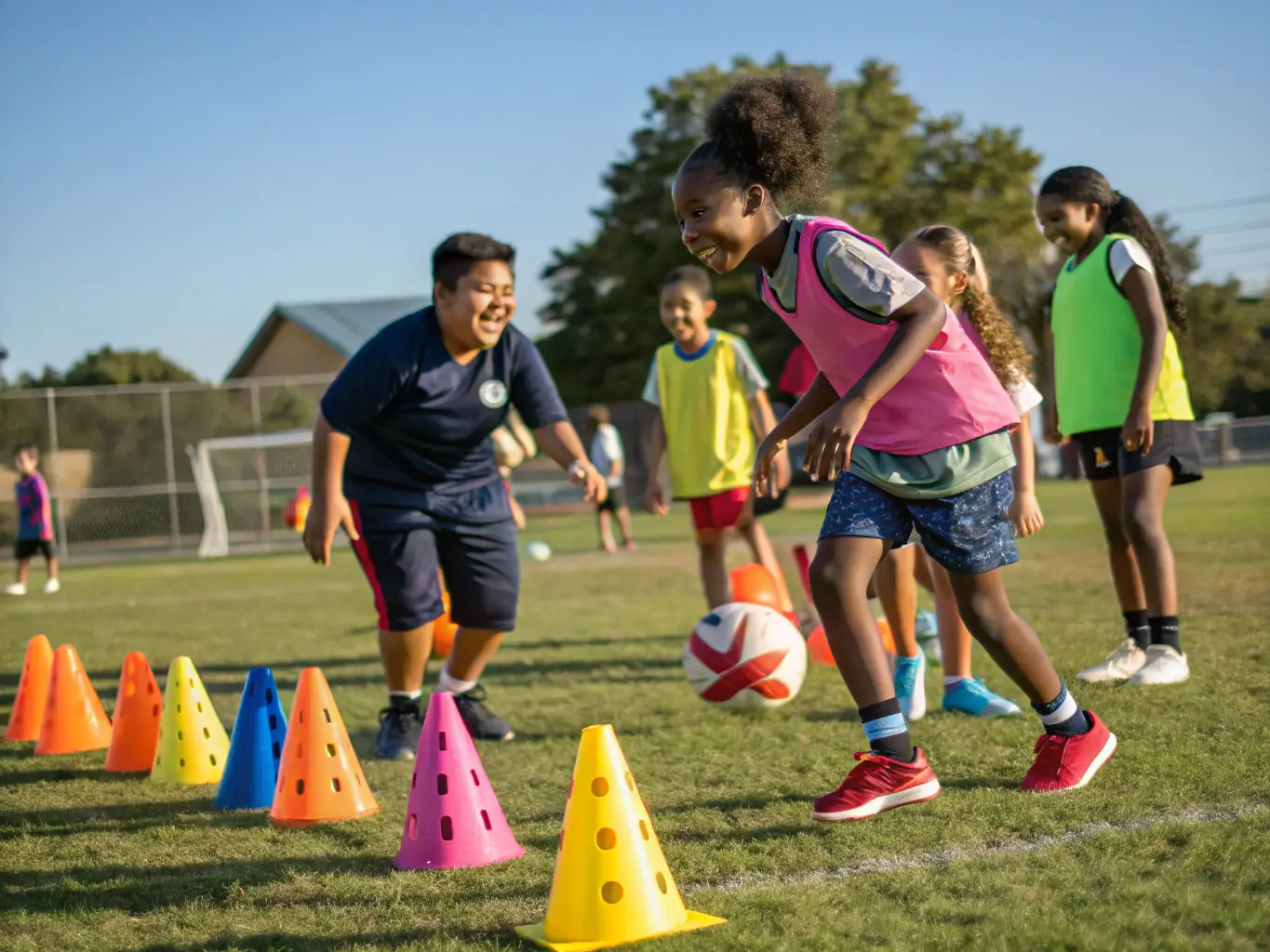 A vibrant image of young football players participating in a training session at ASC ASSOC SPORTIVE DE CHAMPS SECTION FOOT, showcasing teamwork and skill development.