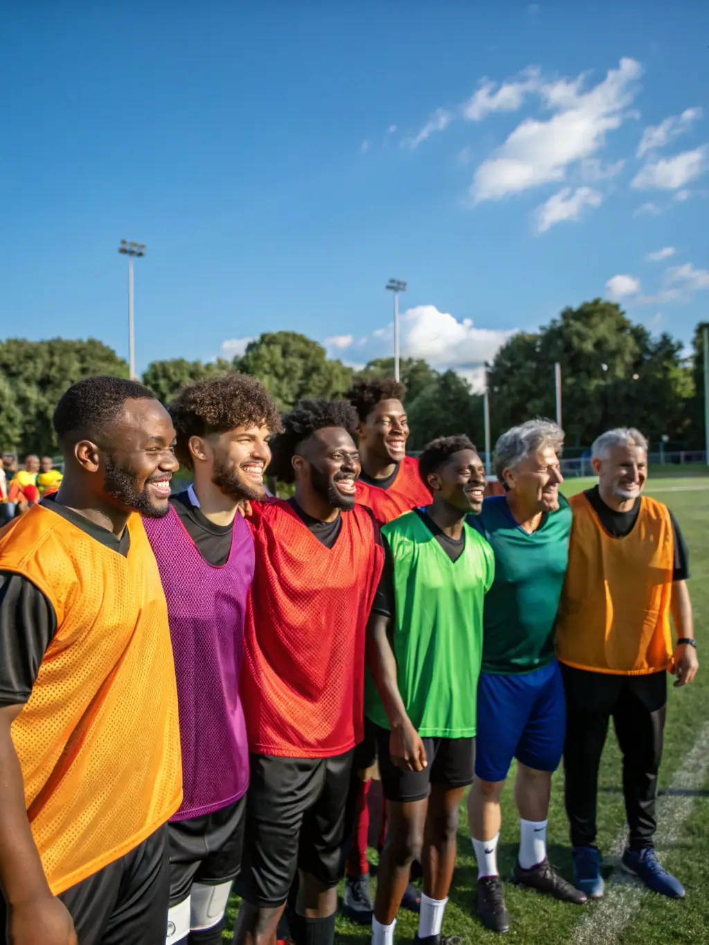 A diverse group of community members are participating in a friendly football match organized by ASC ASSOC SPORTIVE DE CHAMPS SECTION FOOT, with spectators cheering from the sidelines.