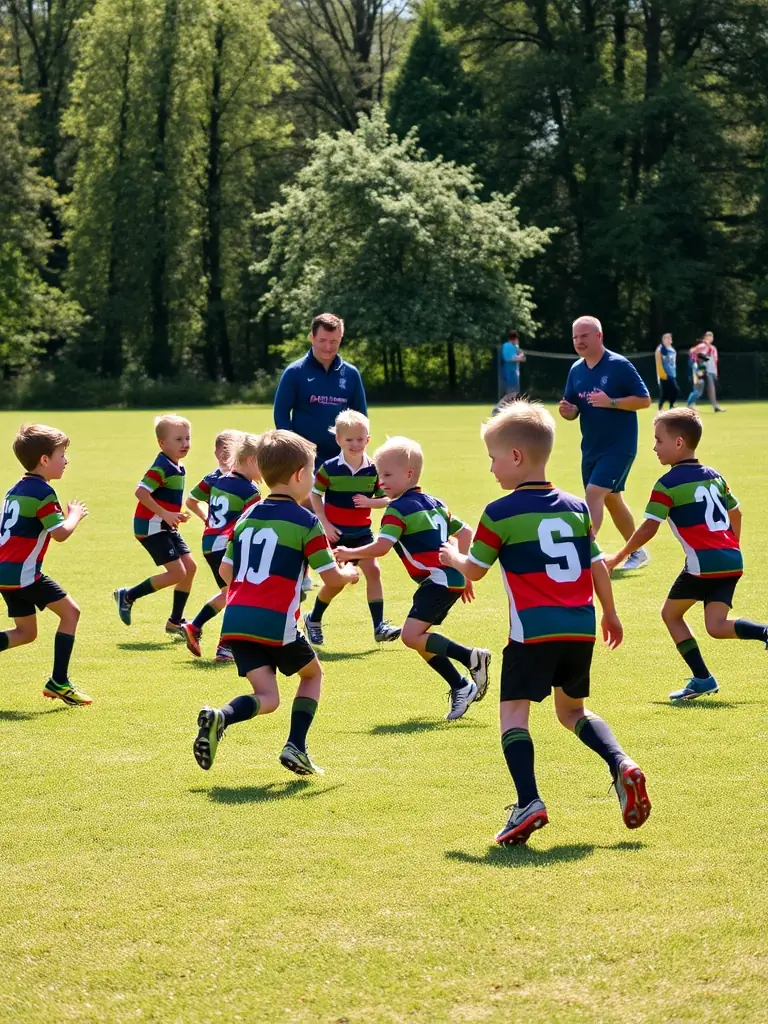 A group of young children in ASC ASSOC SPORTIVE DE CHAMPS SECTION FOOT uniforms are practicing football drills on a sunny field, with a coach providing guidance.