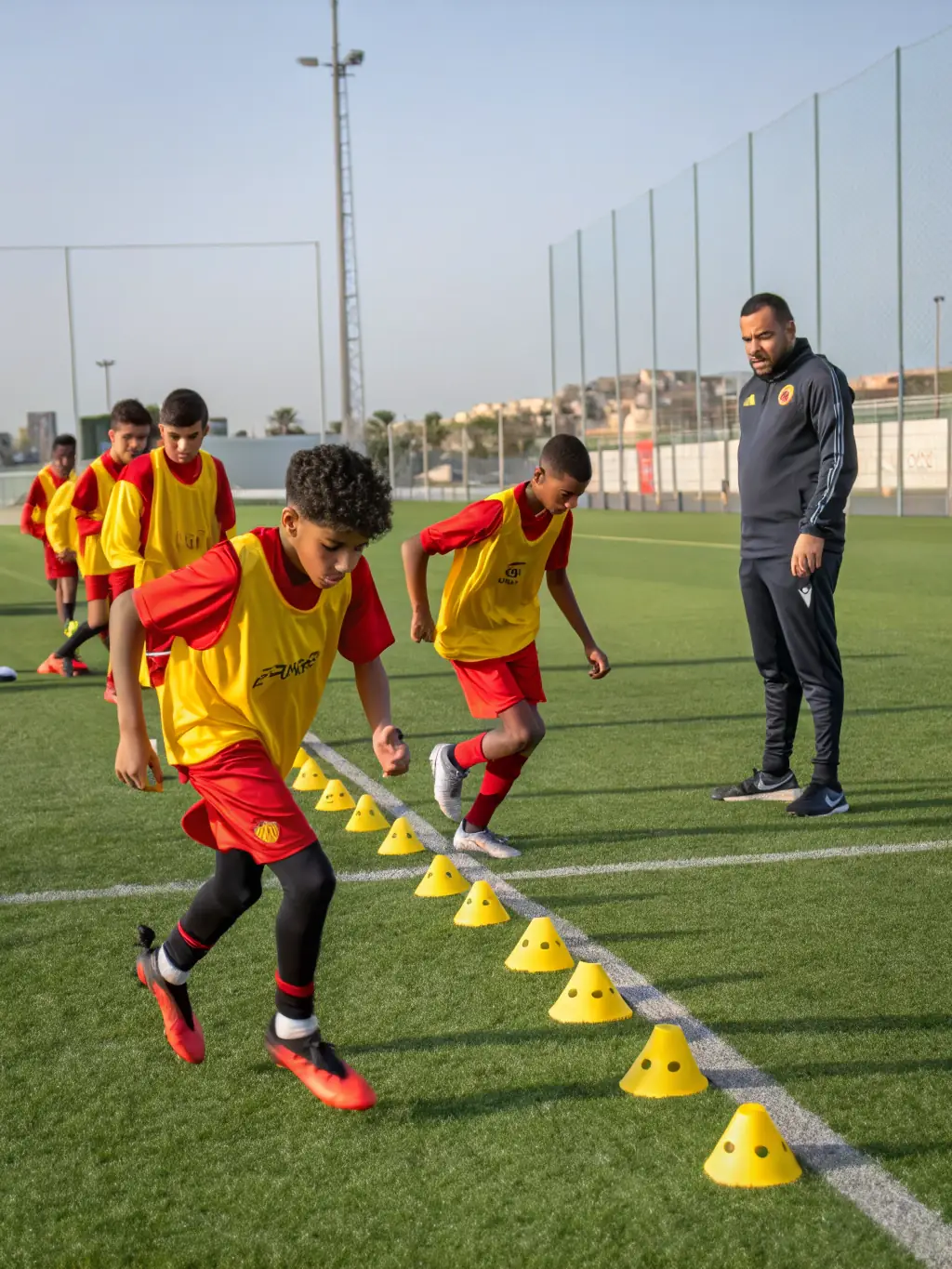 A group of young players practicing football drills on a well-maintained field, with coaches providing guidance. The players are focused and engaged, demonstrating teamwork and skill development.