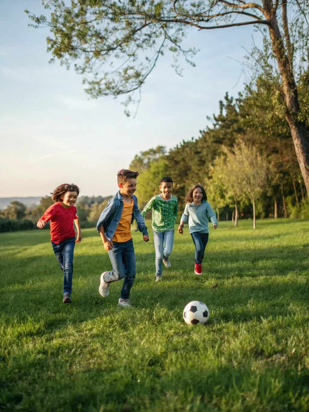 Image of children participating in a fun, non-competitive football activity, such as a skills challenge or a friendly scrimmage, emphasizing enjoyment and participation.